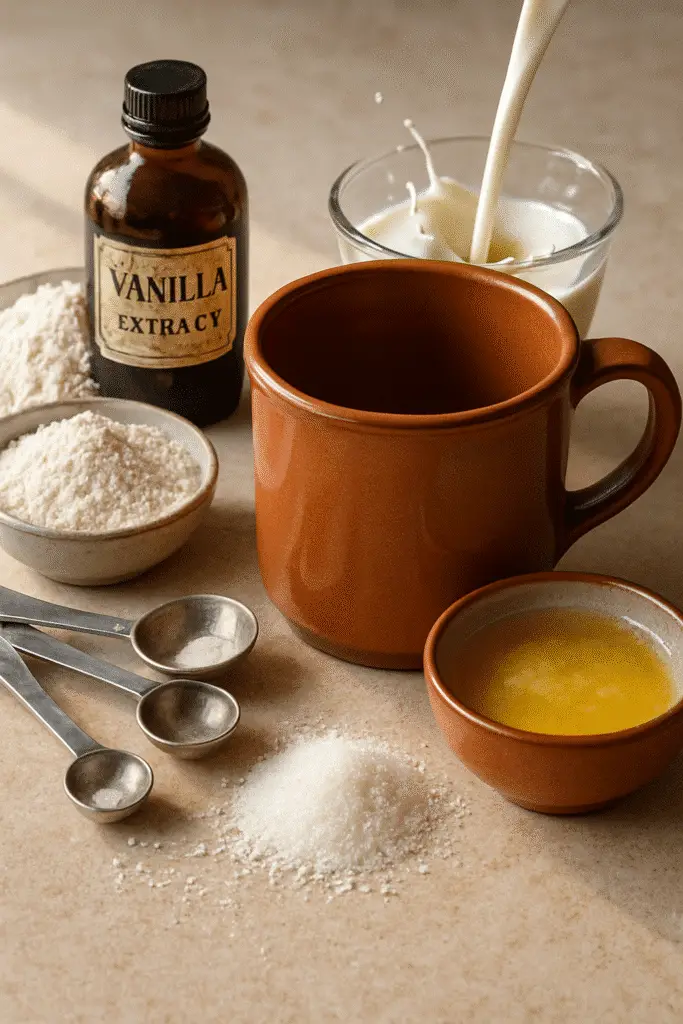Vanilla donut mug cake ingredients arranged on wooden counter with measuring spoons
