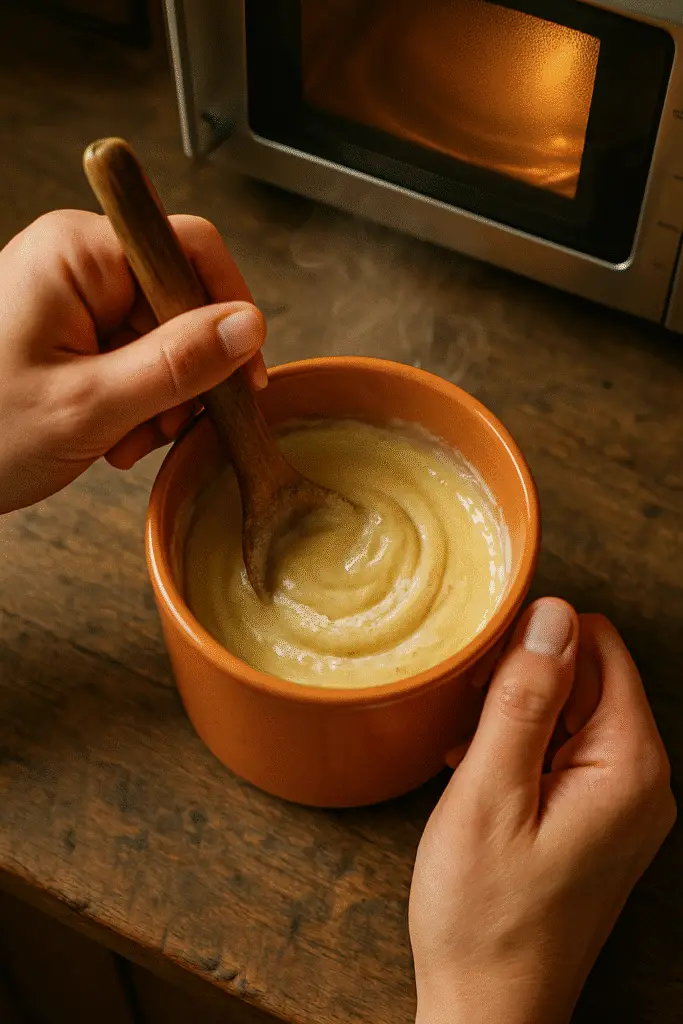 Mixing vanilla donut mug cake batter in ceramic mug with wooden spoon