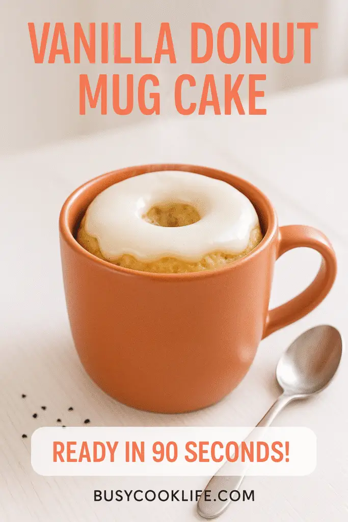 Vanilla donut mug cake Pinterest pin with recipe title and timing