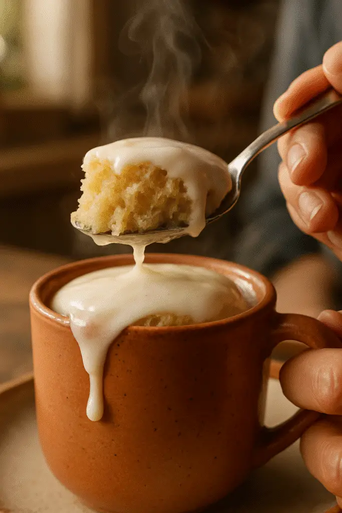 First spoonful of vanilla donut mug cake showing tender texture and glaze