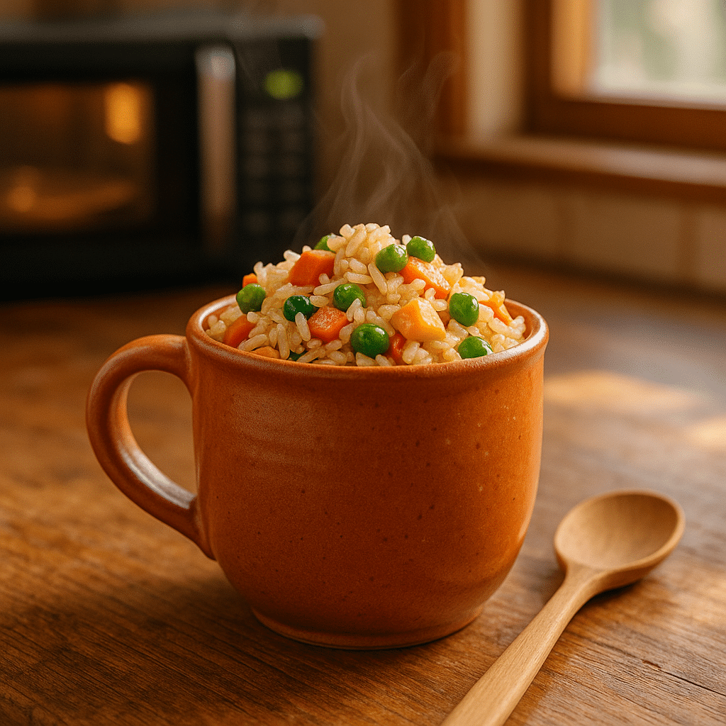 Vegetable fried rice in a mug finished recipe in terracotta ceramic mug