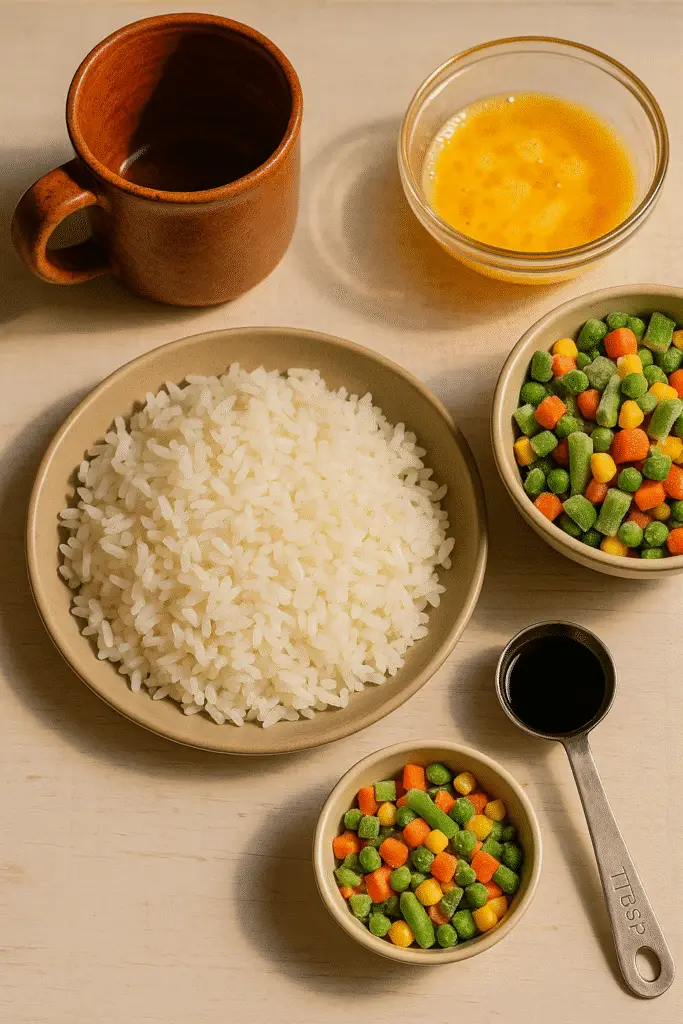 Vegetable fried rice mug ingredients arranged on kitchen counter with rice and vegetables