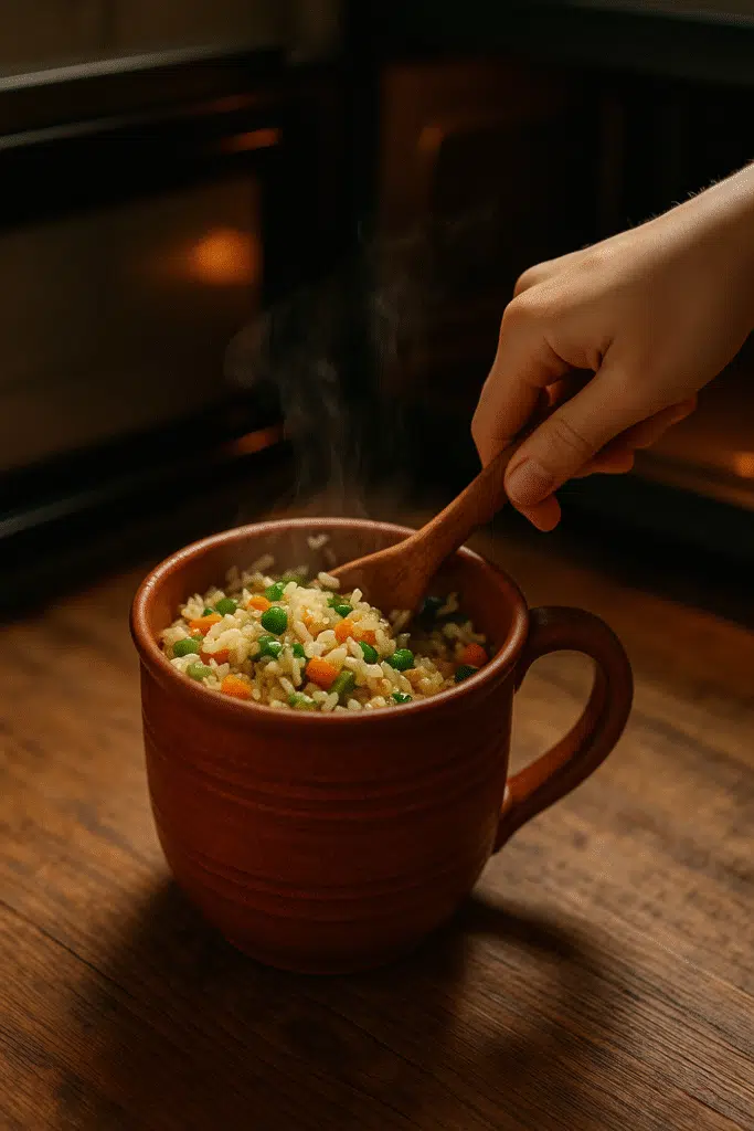 Vegetable fried rice mug mixing process showing rice and vegetables being stirred