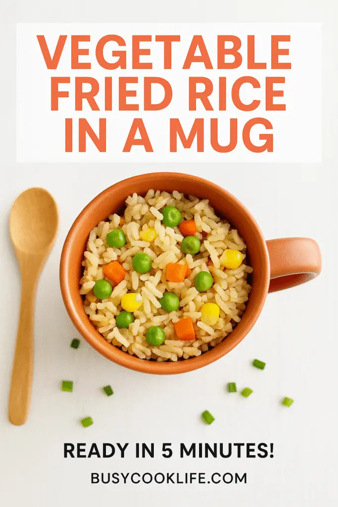 Vegetable fried rice in a mug Pinterest pin with recipe title and timing
