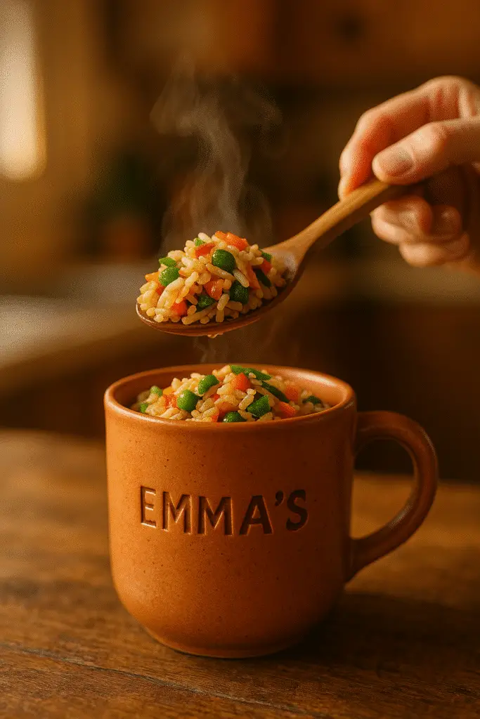 Vegetable fried rice mug serving showing perfect spoonful of finished recipe