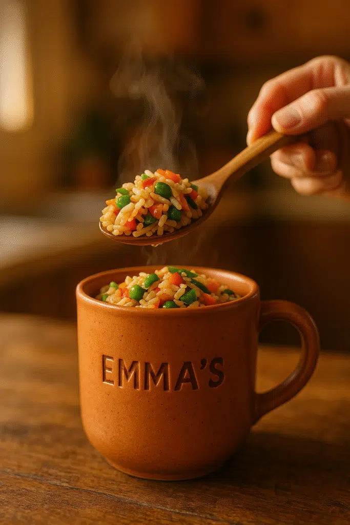 Vegetable fried rice mug serving showing perfect spoonful of finished recipe