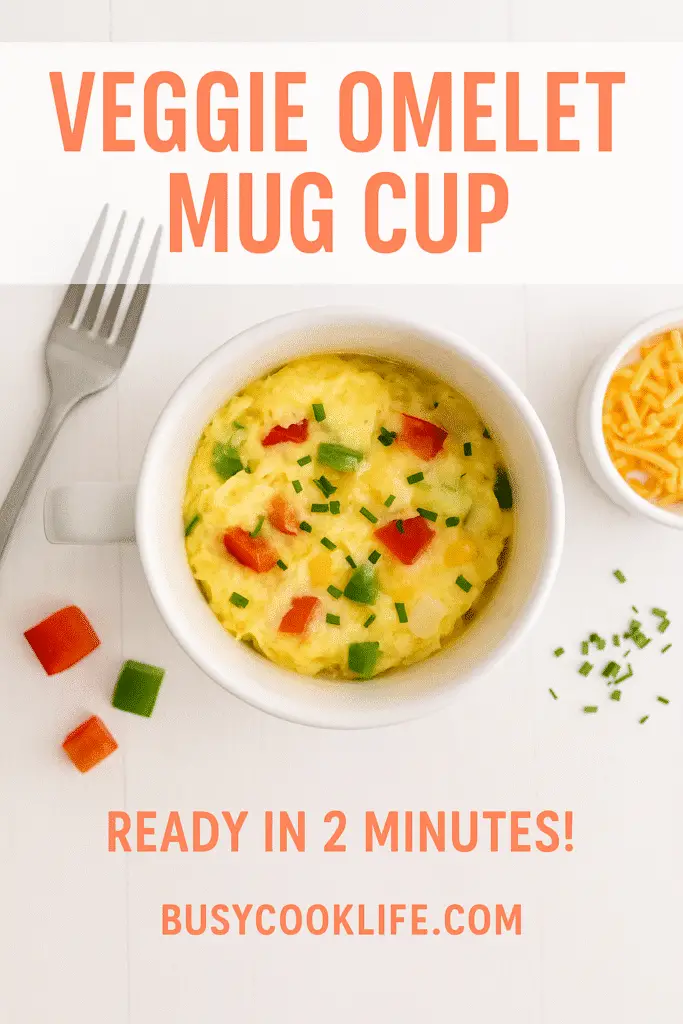 Branded veggie omelet mug cup recipe from BUSYCOOKLIFE.COM featuring 5 simple ingredients and 2-minute cooking time