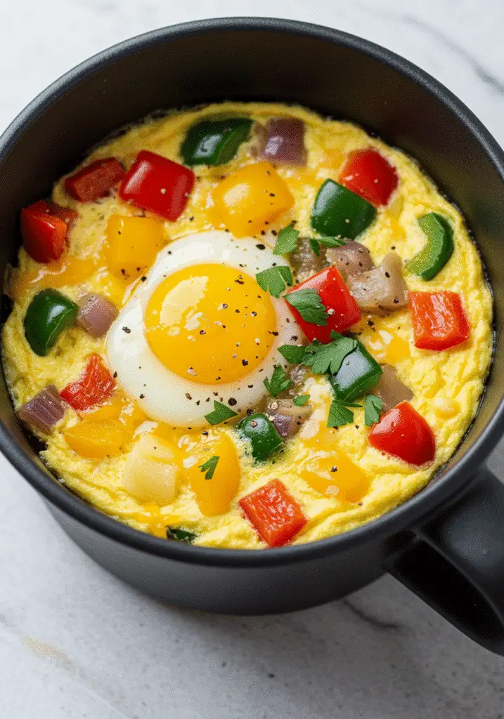 Vertical Pinterest-style veggie omelet mug cup recipe photo showing fluffy eggs with colorful vegetables - BusyCookLife kitchen tested