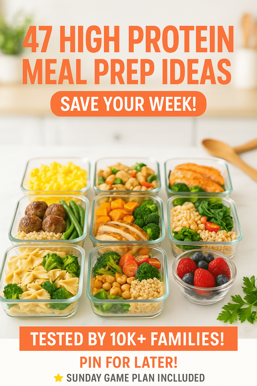 47 high protein meal prep ideas Pinterest pin with organized containers and meal planning tips