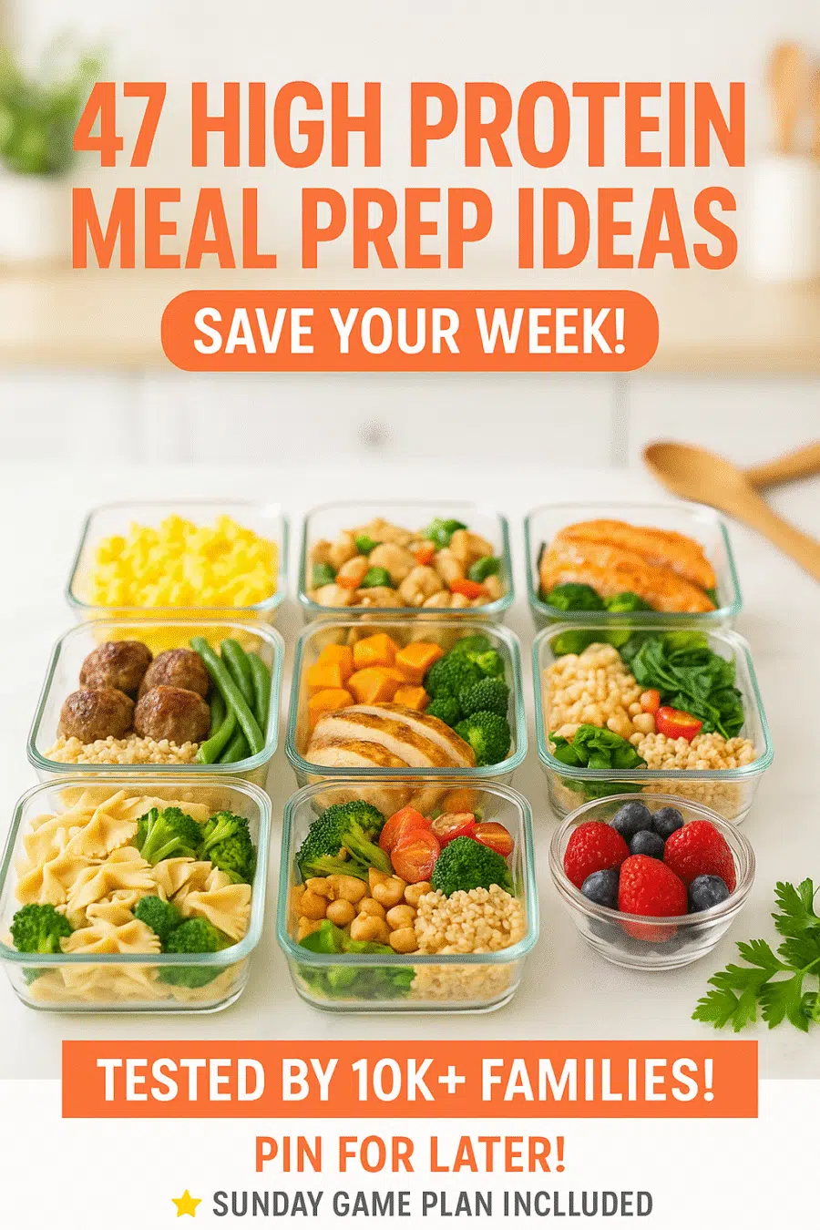 47 high protein meal prep ideas Pinterest pin with organized containers and meal planning tips