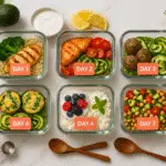7 day high protein meal prep containers organized on marble counter with fresh ingredients and weekly planning system