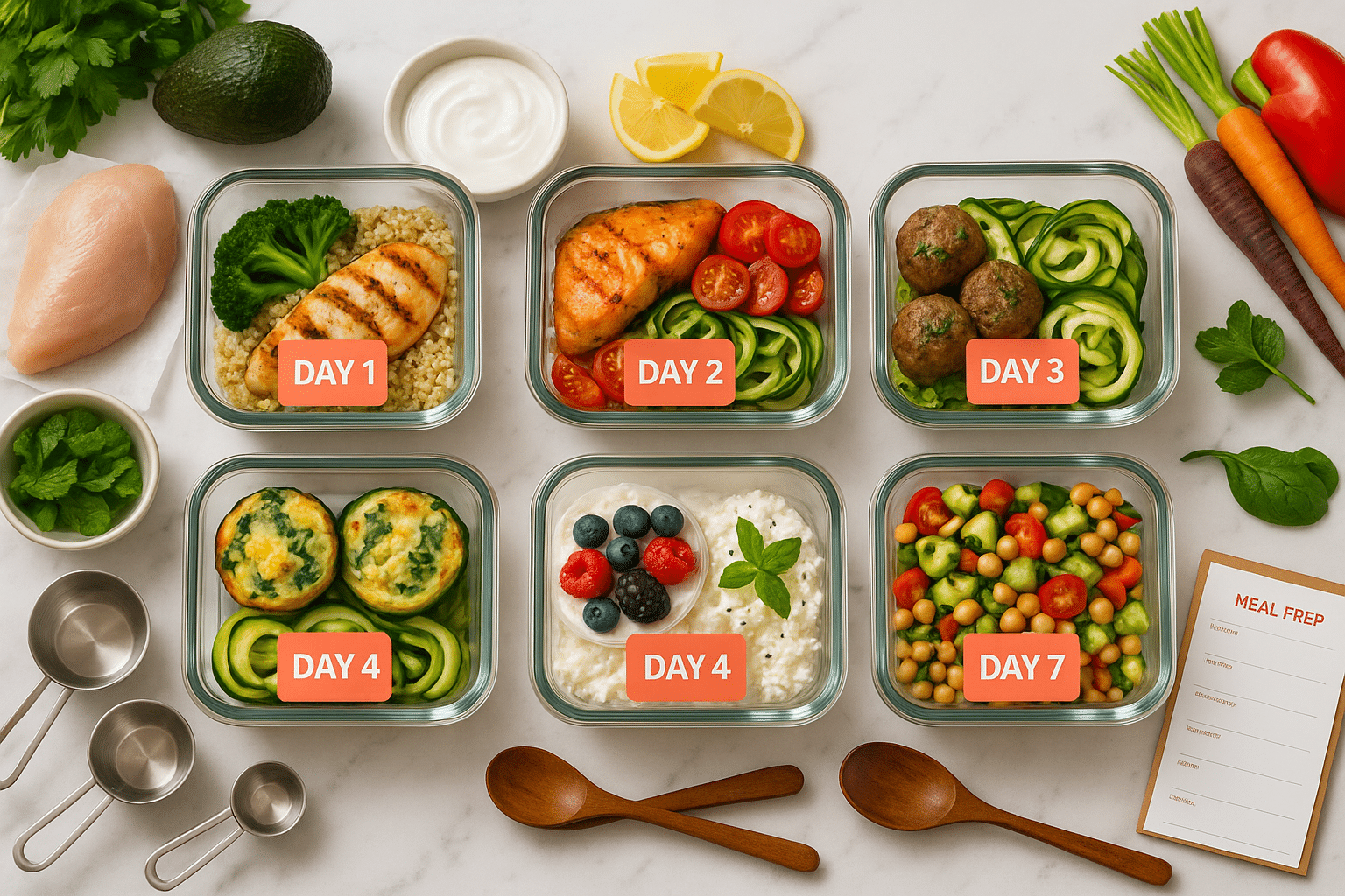 7 day high protein meal prep containers organized on marble counter with fresh ingredients and weekly planning system
