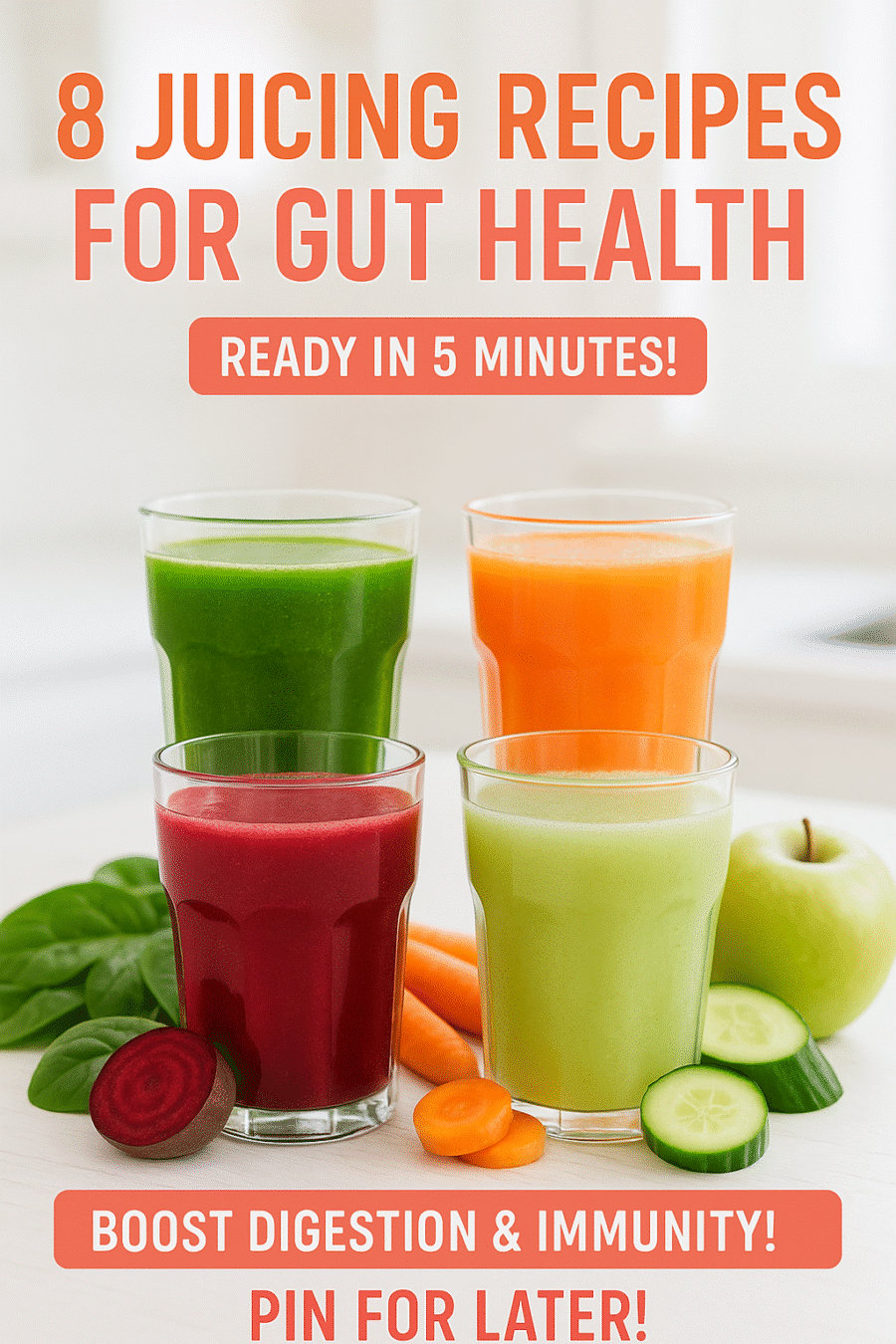 Pinterest pin showing 8 juicing recipes for gut health with colorful fresh juices arranged in grid layout featuring green, orange, red and clear beverages
