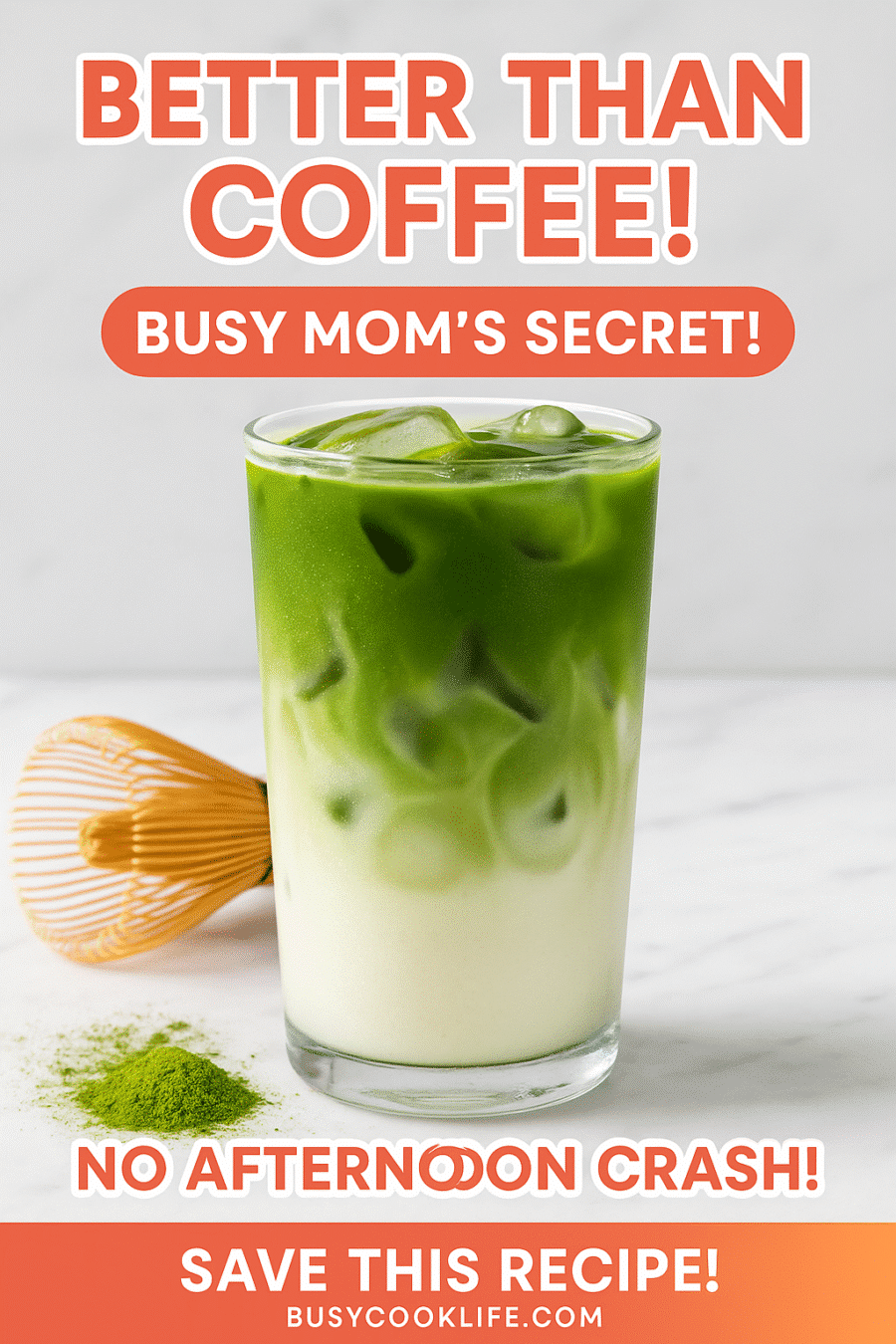 Pinterest pin showing iced matcha latte as coffee alternative for busy moms with coral text overlay