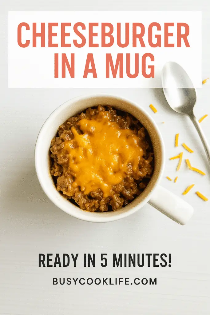 BusyCookLife branded Pinterest pin for cheeseburger in a mug recipe with melted cheese and ground beef