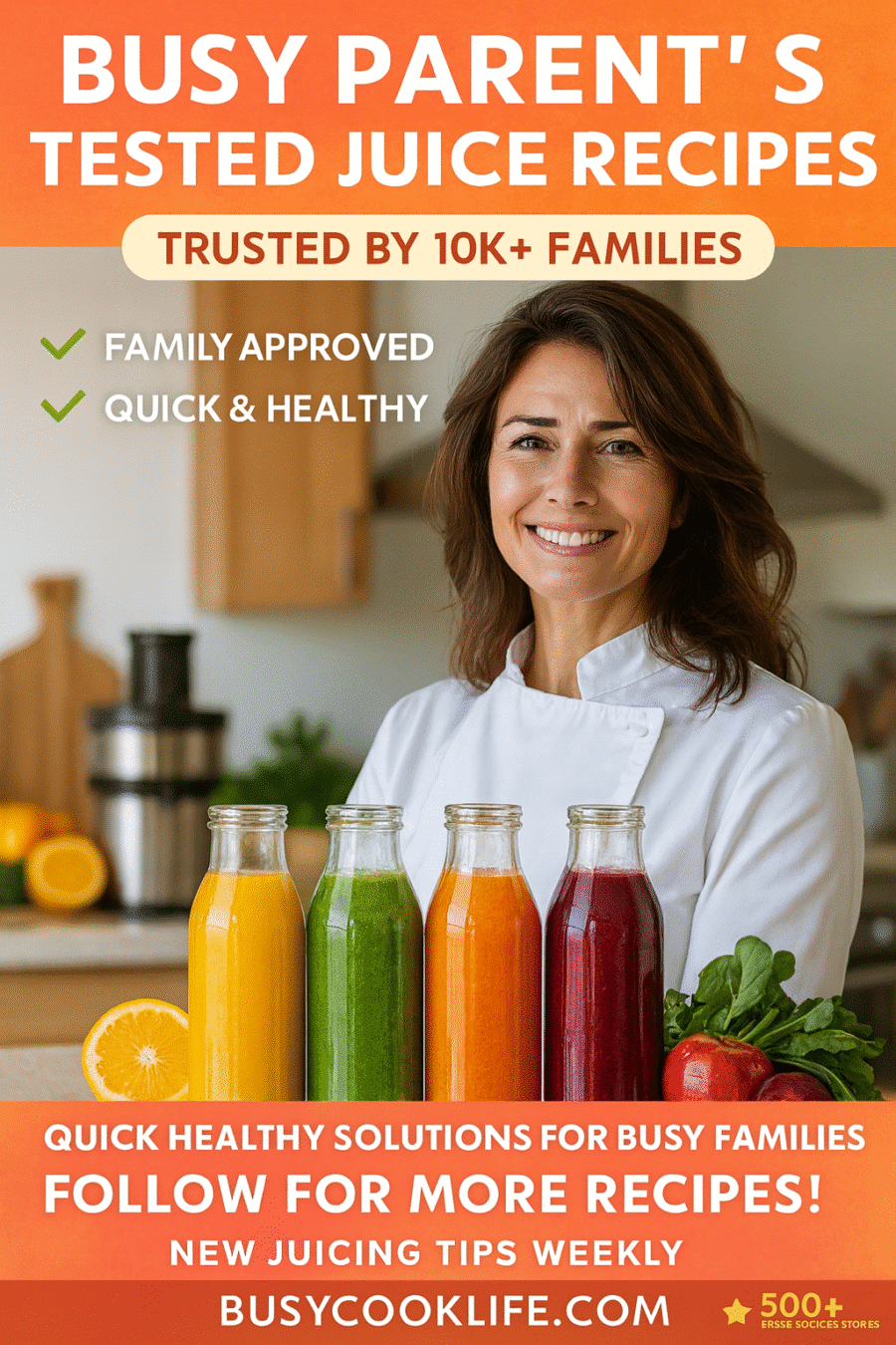 BusyCookLife brand authority pin showing professional kitchen setup with multiple colorful fresh juices and organized ingredients for busy families