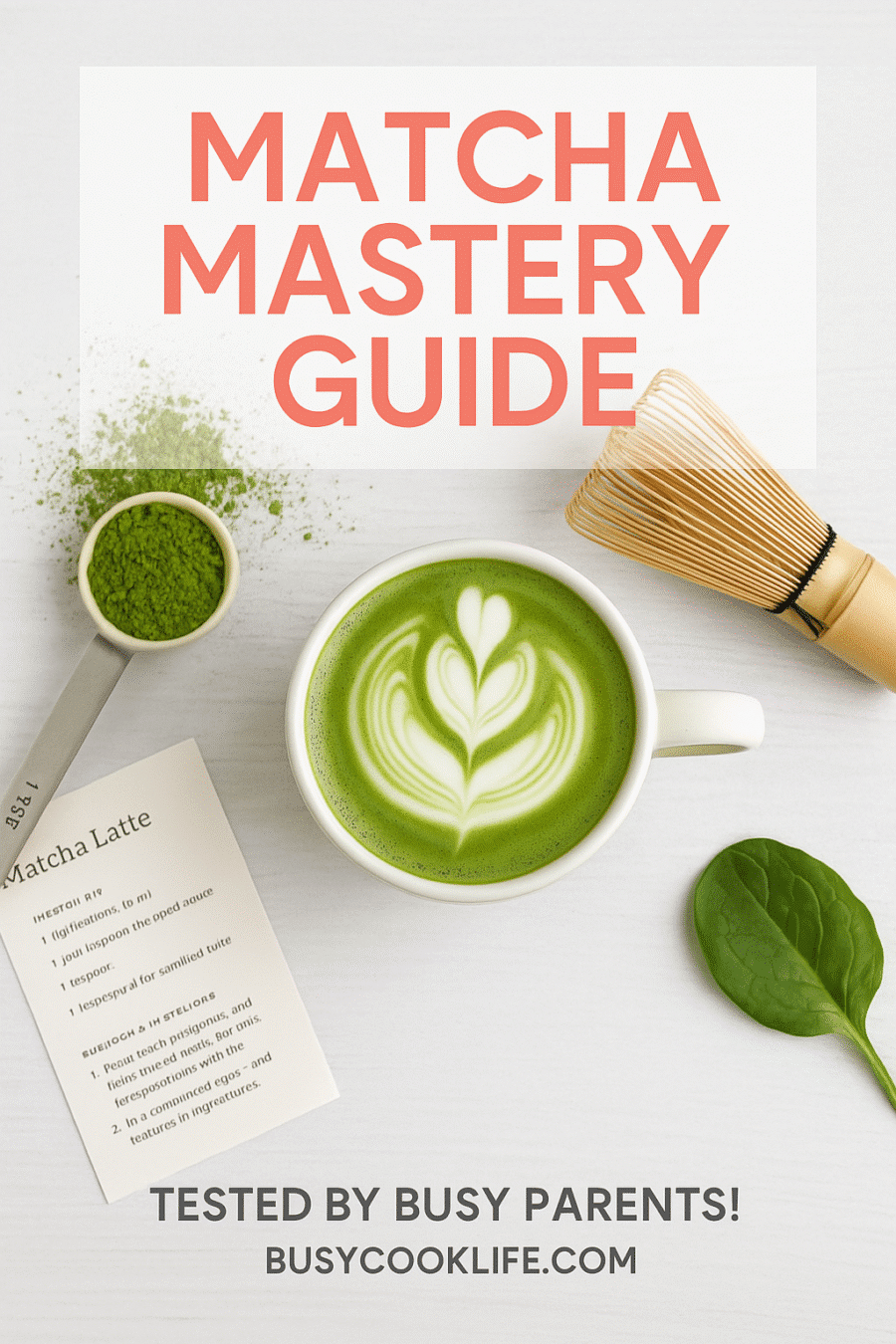BusyCookLife matcha mastery guide Pinterest pin with professional matcha latte setup