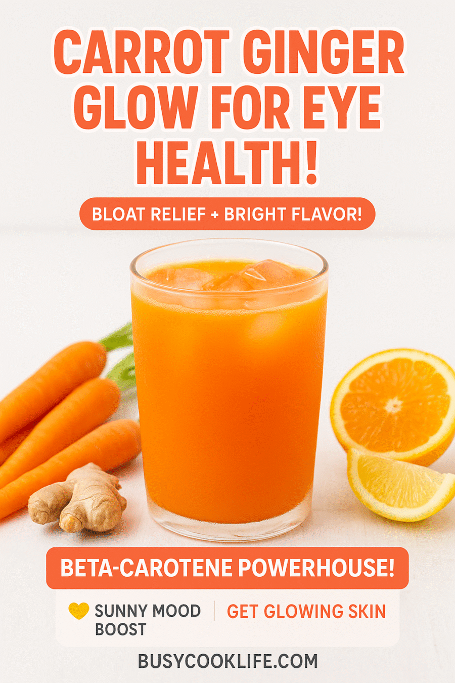 Carrot ginger juice recipe for eye health and bloat relief in glass with fresh carrots and ginger root on white wooden surface