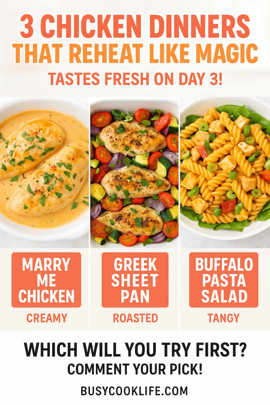Three chicken dinner meal prep recipes that reheat perfectly including Marry Me chicken and Greek sheet pan