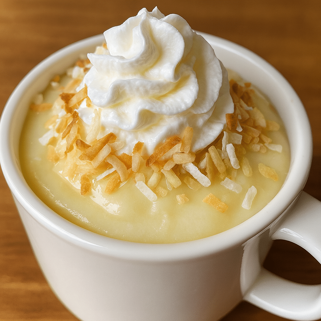 Creamy coconut cream pie mug recipe with fluffy whipped cream and toasted coconut flakes on white wooden surface