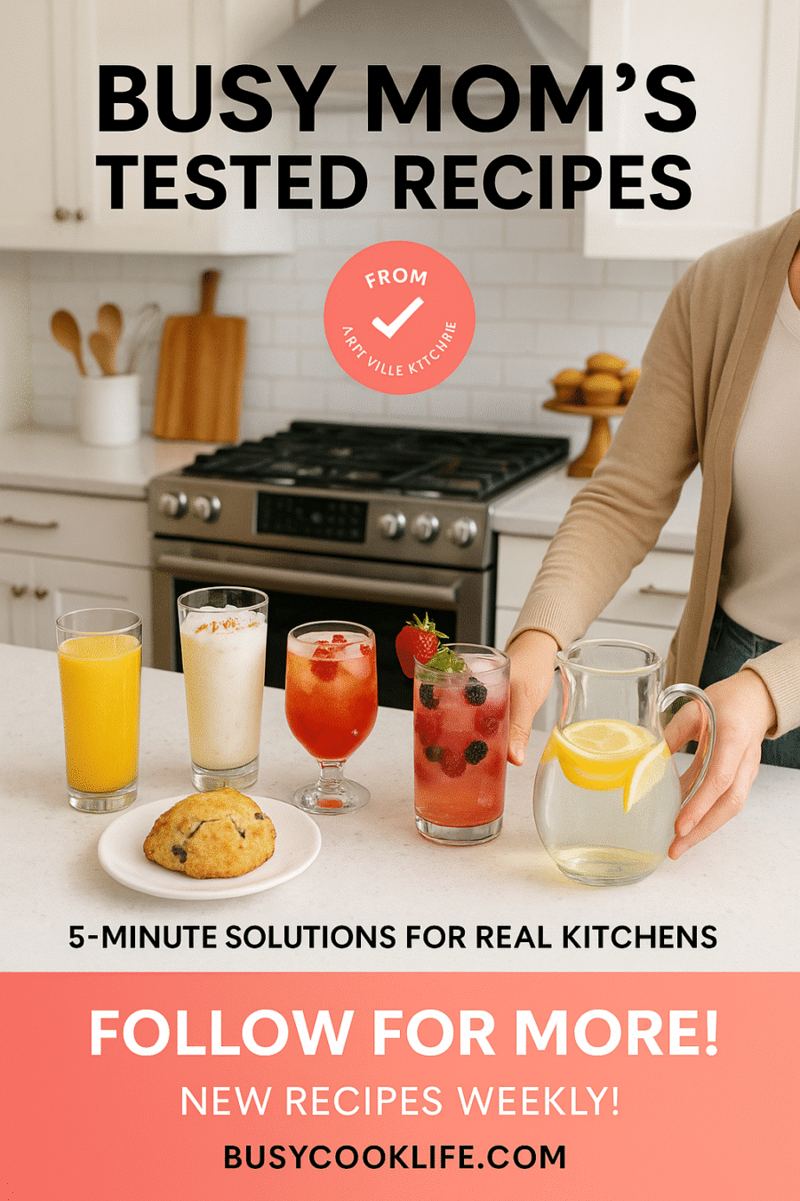Pinterest brand pin showing Emma's organized kitchen with multiple recipes from BusyCookLife.com