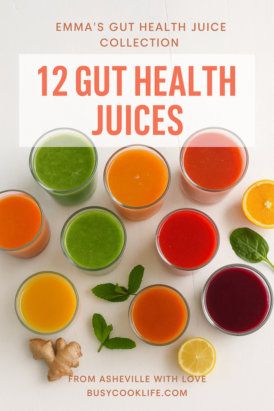 Emma's complete collection of 12 gut health juice recipes from BusyCookLife featuring colorful nutritious ingredients