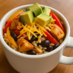 Fajita Rice Bowl in a Mug with melted cheese, chicken, peppers, and rice - trusted BusyCookLife recipe