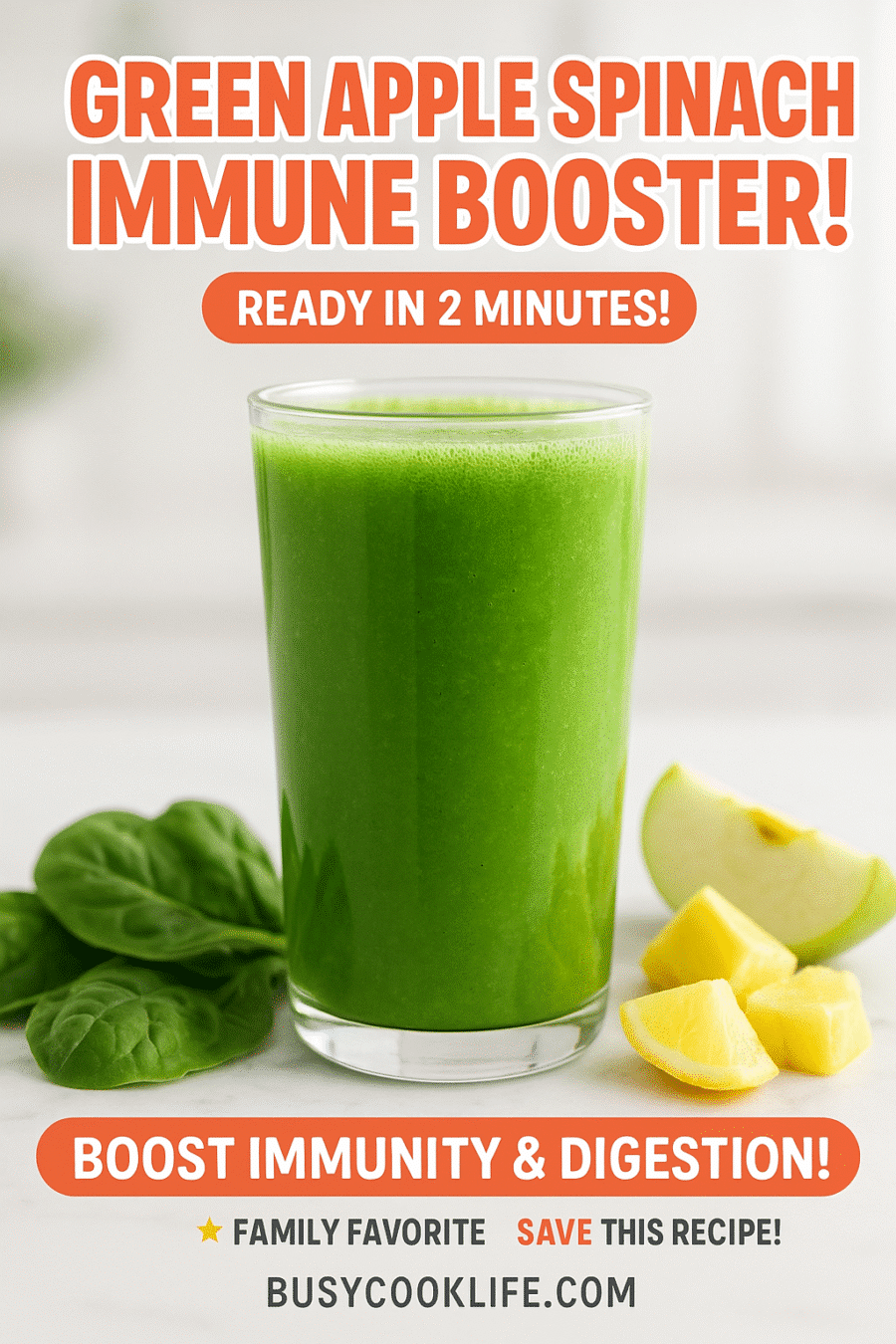 Green apple spinach juice recipe for immune health in tall glass with fresh spinach leaves and apple slices on marble surface
