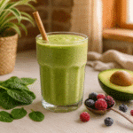 Gut-healthy green smoothie recipe with spinach and avocado in glass on kitchen counter - SERP competitive version