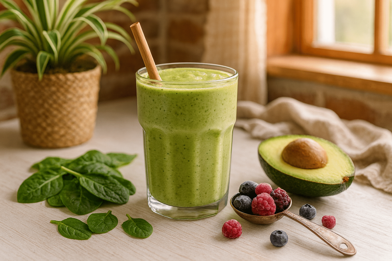 Gut-healthy green smoothie recipe with spinach and avocado in glass on kitchen counter - SERP competitive version