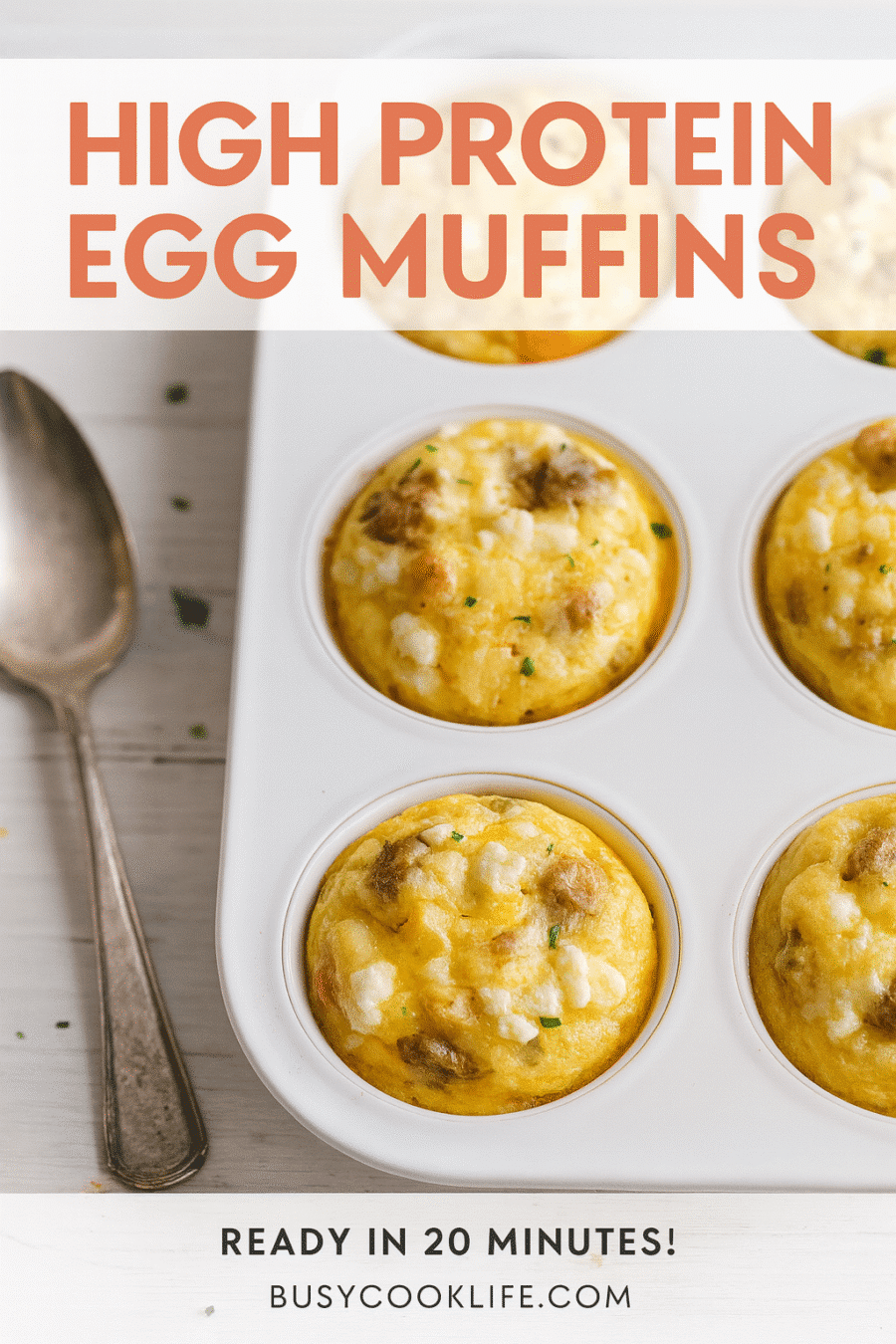 High protein egg muffins Pinterest pin showing 18g protein per serving - BusyCookLife breakfast meal prep recipe