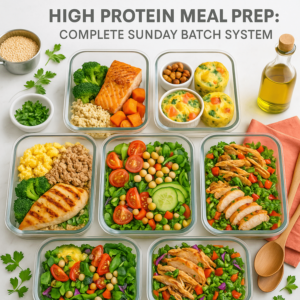 High protein meal prep containers with chicken quinoa salmon and breakfast bowls organized for weekly planning