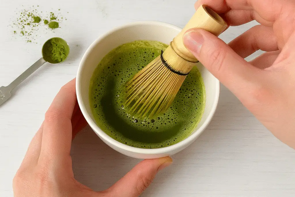 Whisking matcha powder into smooth paste for hot matcha latte recipe - BusyCookLife method
