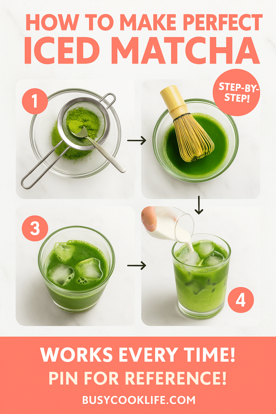 Pinterest tutorial pin showing 4 steps to make perfect iced matcha latte with process photos