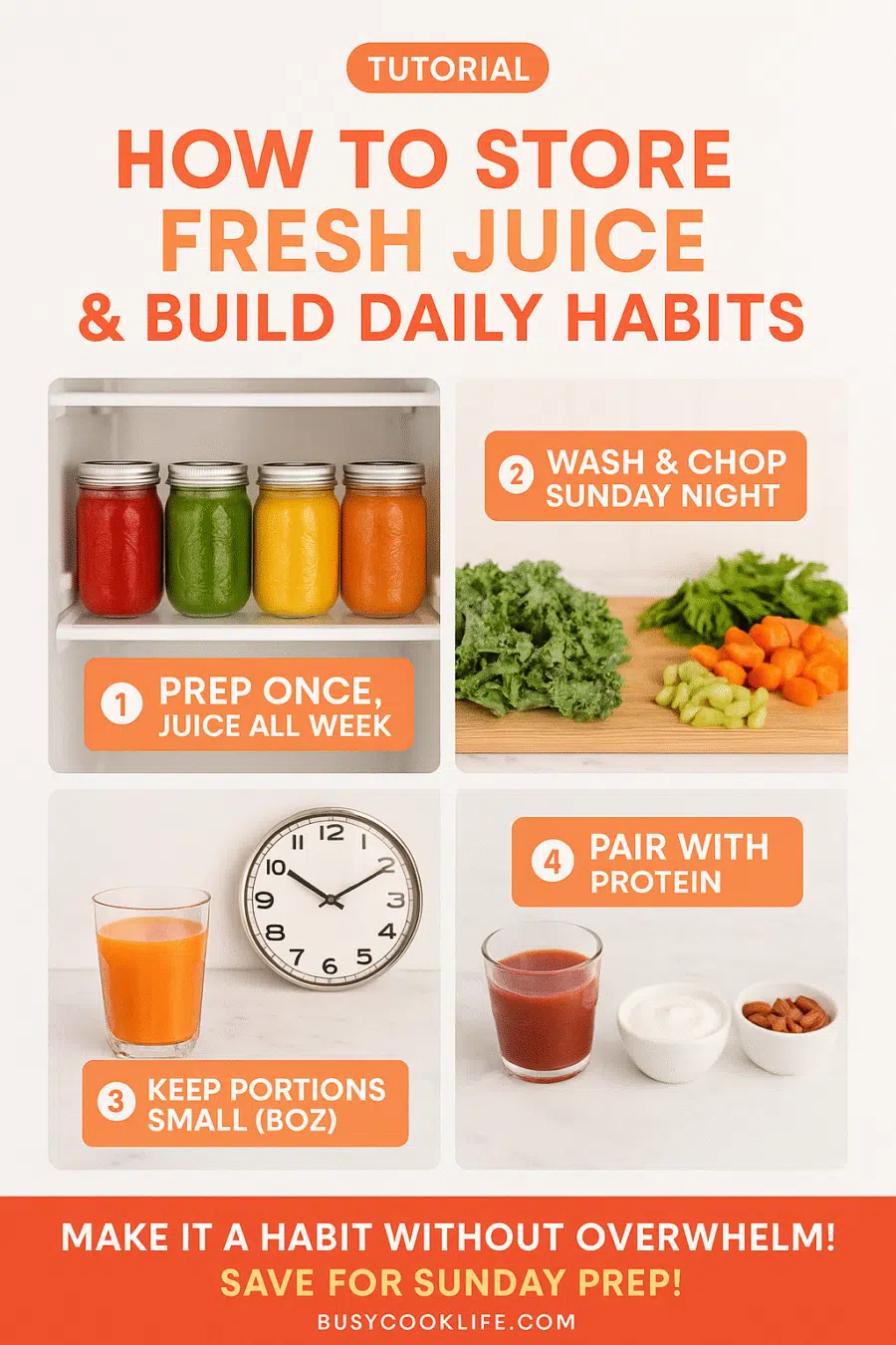 Pinterest tutorial showing how to store fresh juice and build daily juicing habits with mason jar storage and Sunday meal prep tips