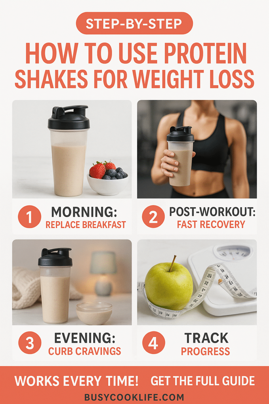 Pinterest tutorial showing how to use protein shakes for weight loss with 4-step process and timing guide