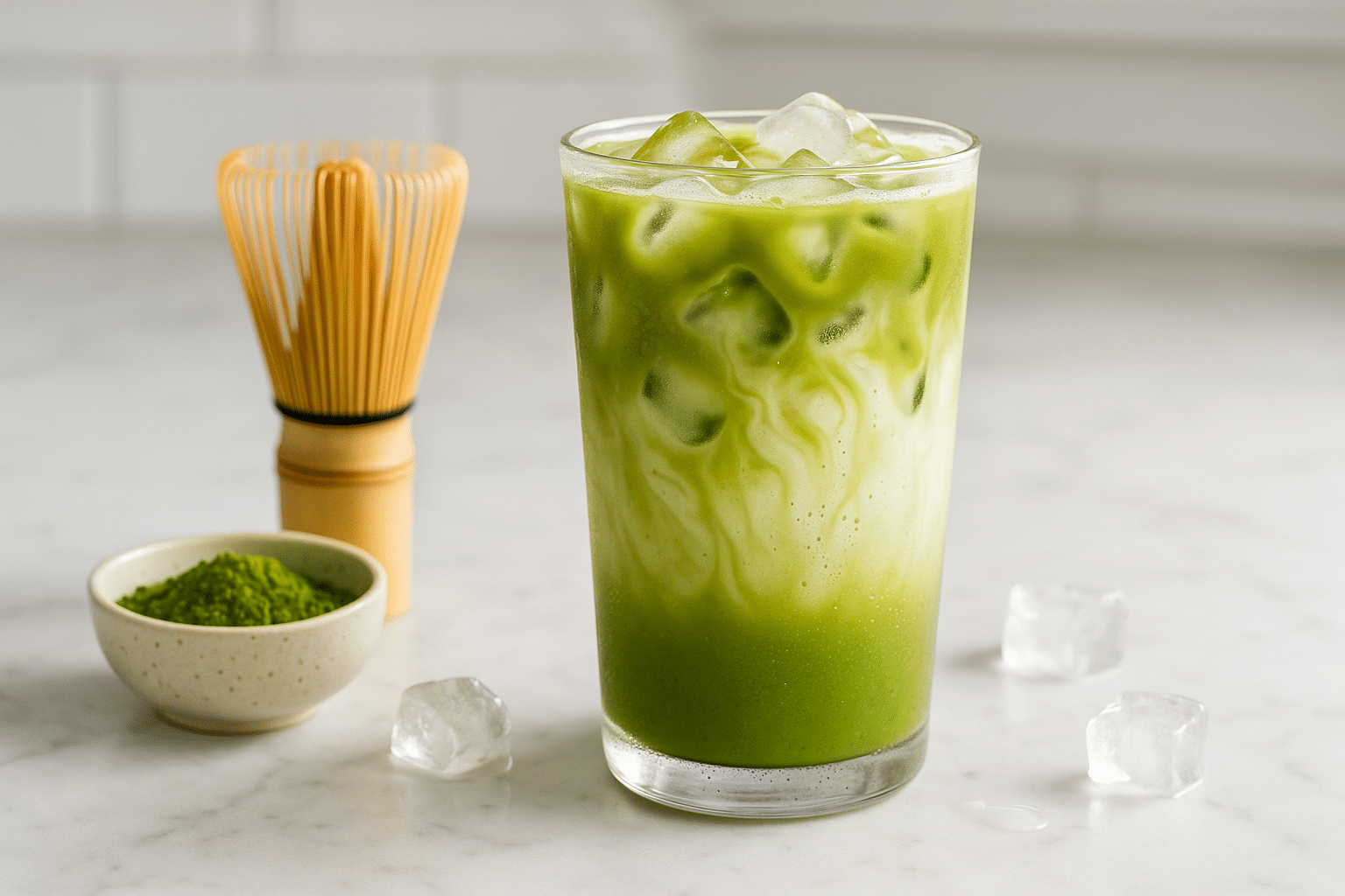 Iced matcha latte recipe in tall glass with layered green matcha and creamy milk on marble counter