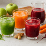 Juicing recipes for gut health featuring vibrant green spinach apple juice, orange carrot ginger juice, and red beetroot juice with fresh ingredients on marble countertop