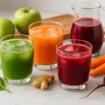 Juicing recipes for gut health featuring vibrant green spinach apple juice, orange carrot ginger juice, and red beetroot juice with fresh ingredients on marble countertop