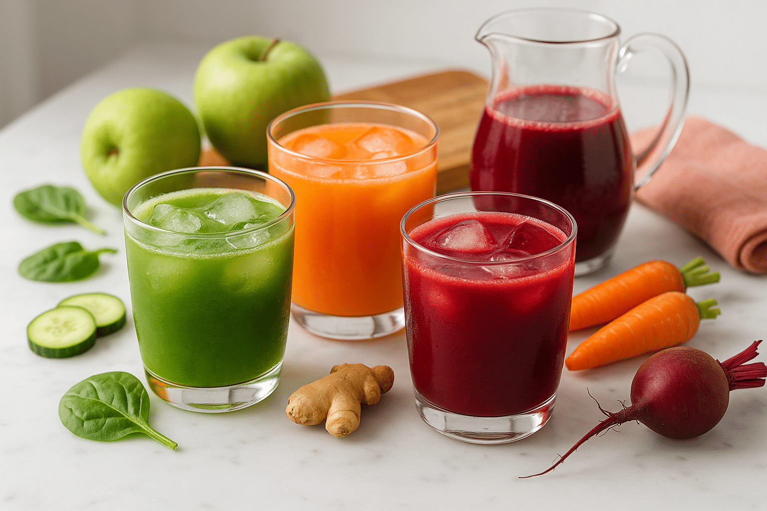 Juicing recipes for gut health featuring vibrant green spinach apple juice, orange carrot ginger juice, and red beetroot juice with fresh ingredients on marble countertop