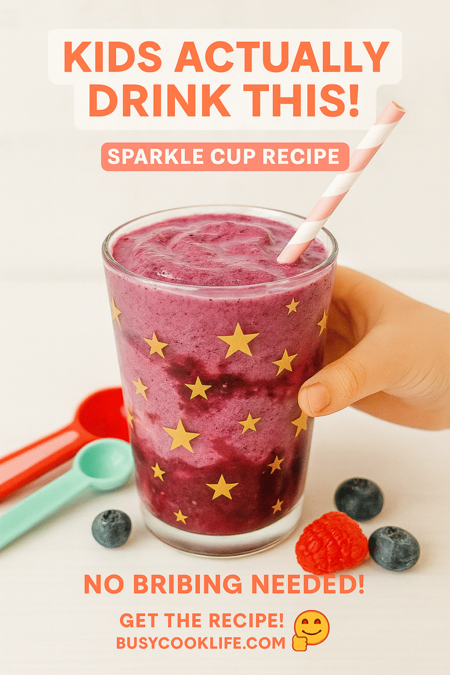 Kid-approved berry smoothie recipe Pinterest pin - gut health for kids BusyCookLife sparkle cup