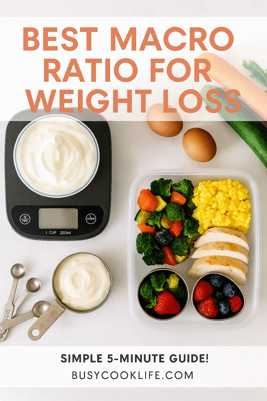 Best macro ratio for weight loss Pinterest pin showing portion guide for busy home cooks