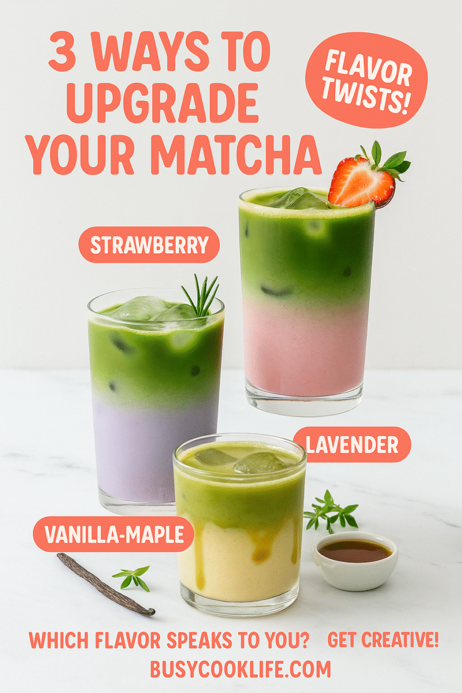 Pinterest pin showing three matcha latte flavor variations - strawberry, lavender, and vanilla maple