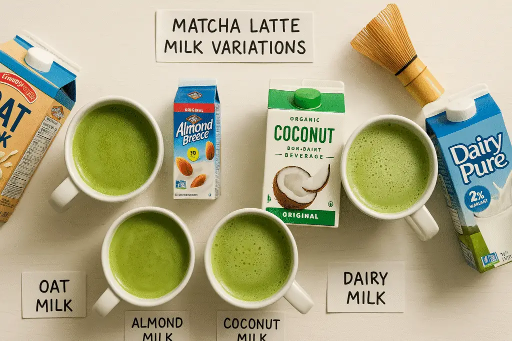 Matcha latte milk comparison showing oat, almond, coconut and dairy options - BusyCookLife guide