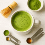 Homemade matcha latte recipe in white mug with bamboo whisk on wooden surface - BusyCookLife tested