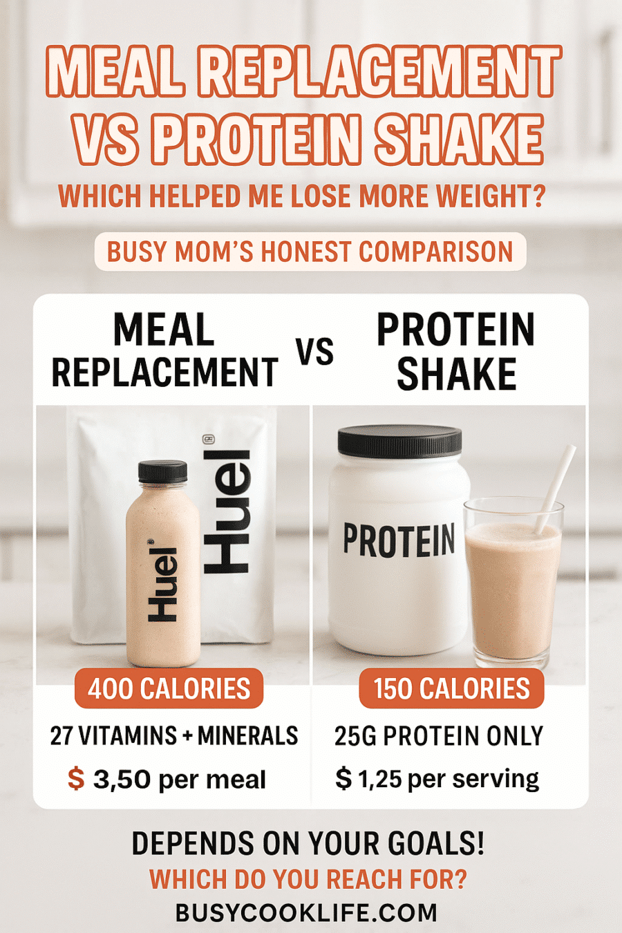 Pinterest comparison pin showing meal replacement vs protein shake for weight loss with calories, cost, and usage tips