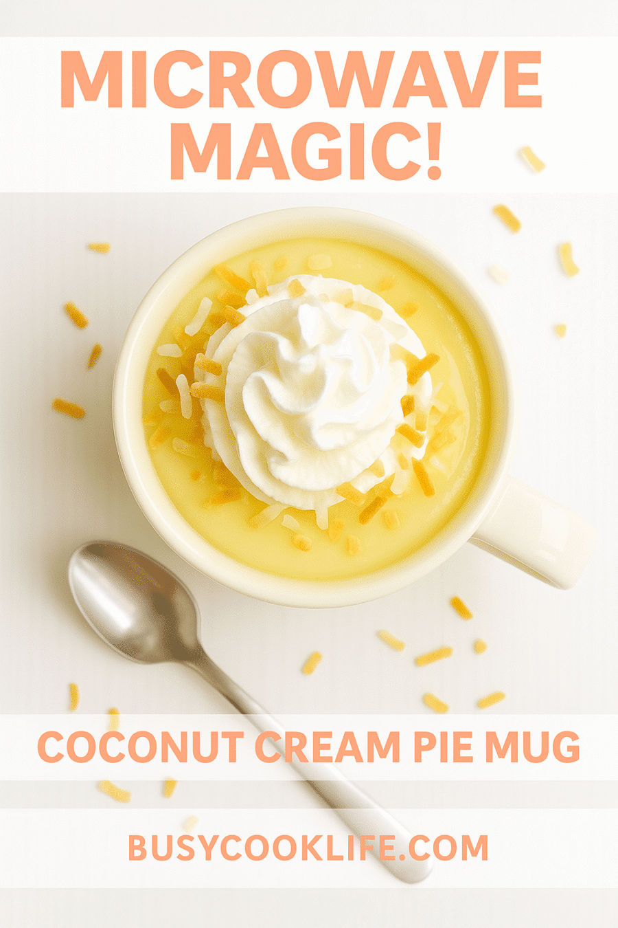 Microwave magic coconut cream pie mug recipe from BusyCookLife - single serve dessert ready in minutes