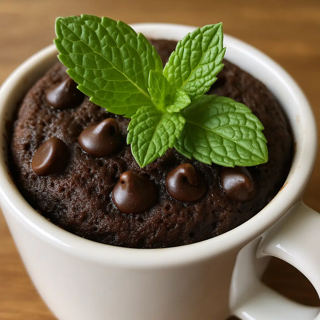 Easy mint chocolate chip mug cake recipe in white ceramic mug with chocolate chips and fresh mint, ready in 5 minutes