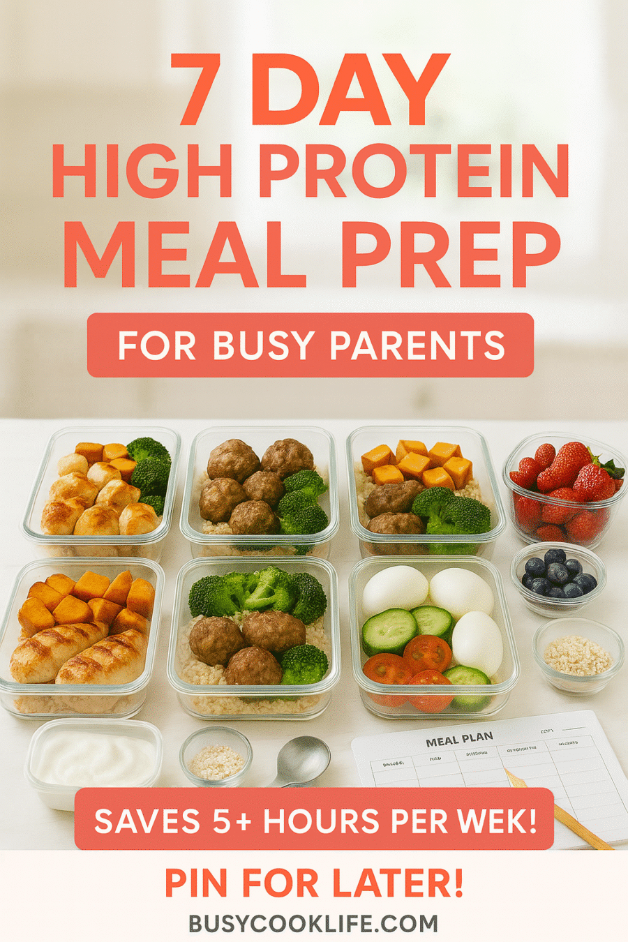 7 day high protein meal prep Pinterest pin with organized meal containers for busy parents