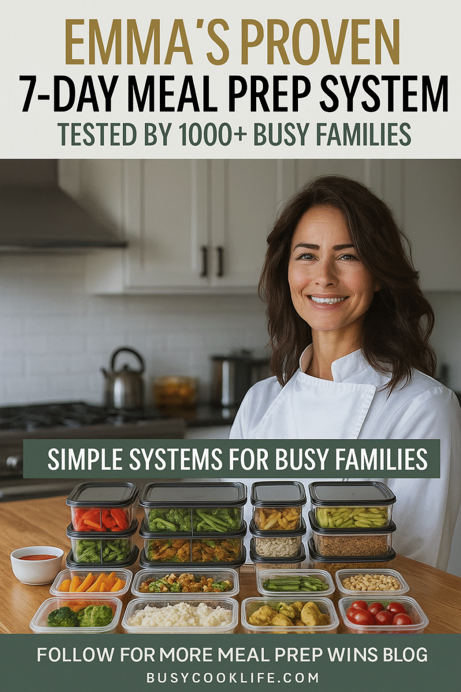 Emma from BusyCookLife meal prep authority Pinterest pin showing organized kitchen and meal planning system